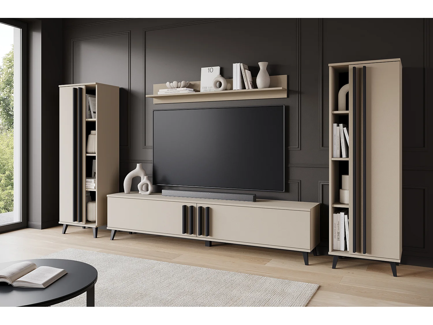 Meuble mural 180 cm pour salon sur pieds – ensemble TV moderne avec étagères et tablette, congo, poignées noir mat