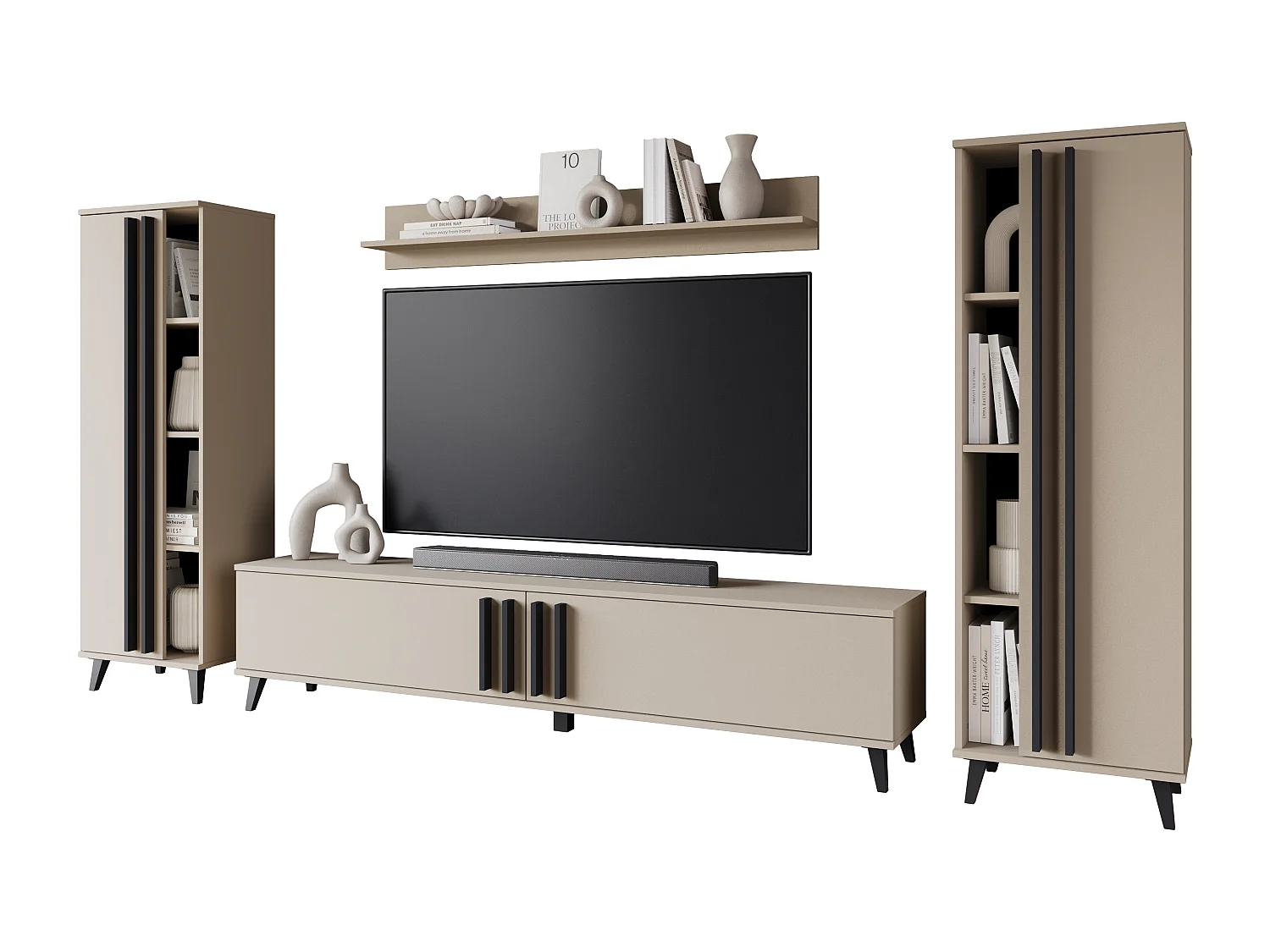 Meuble mural 180 cm pour salon sur pieds – ensemble TV moderne avec étagères et tablette, congo, poignées noir mat