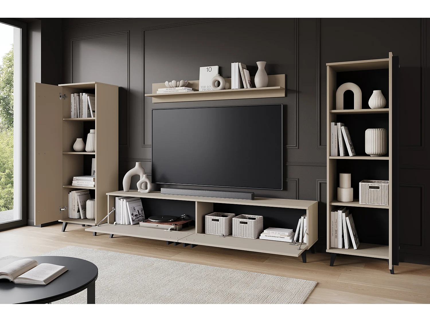 Meuble mural 180 cm pour salon sur pieds – ensemble TV moderne avec étagères et tablette, congo, poignées noir mat