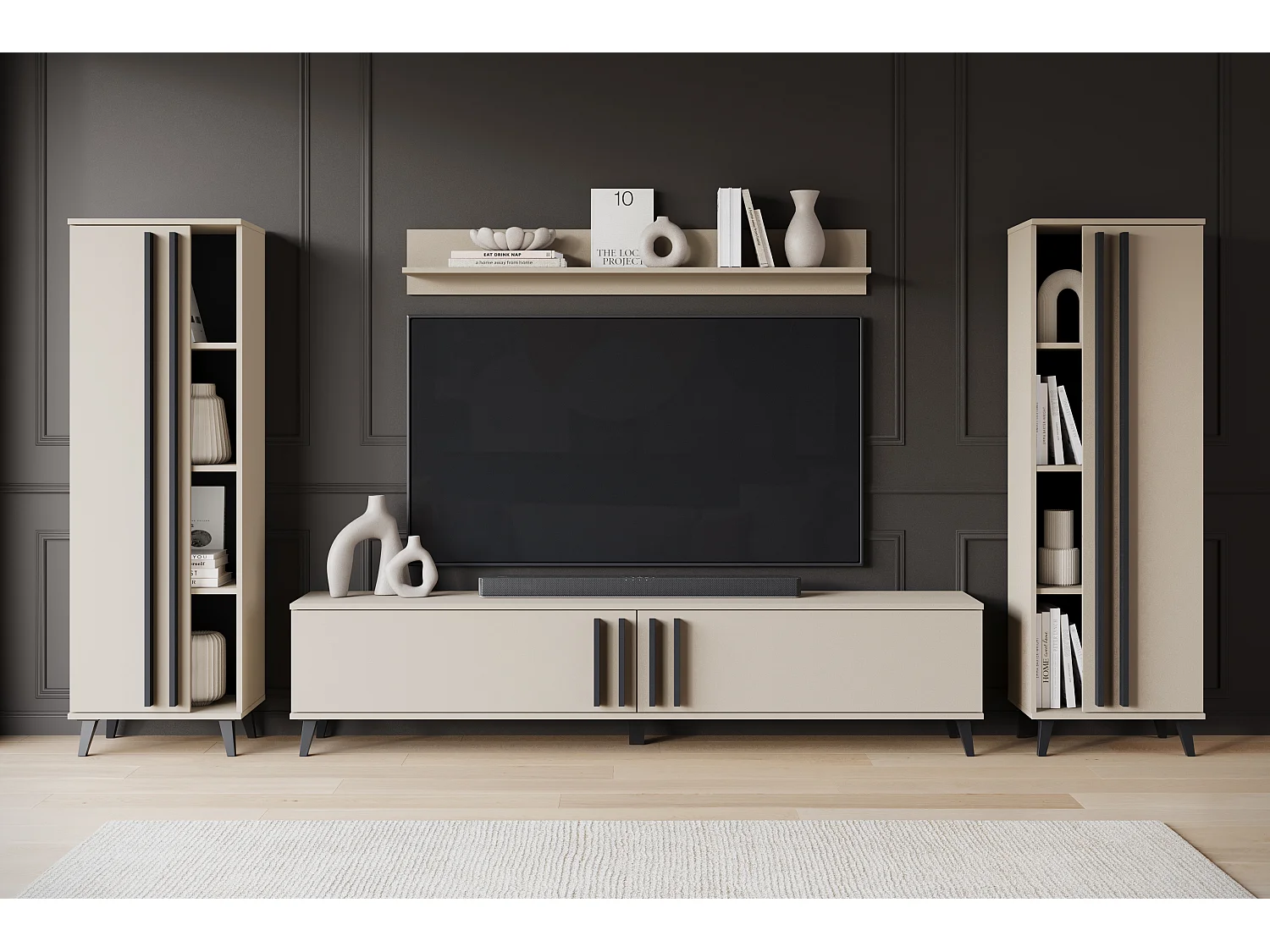 Meuble mural 180 cm pour salon sur pieds – ensemble TV moderne avec étagères et tablette, congo, poignées noir mat