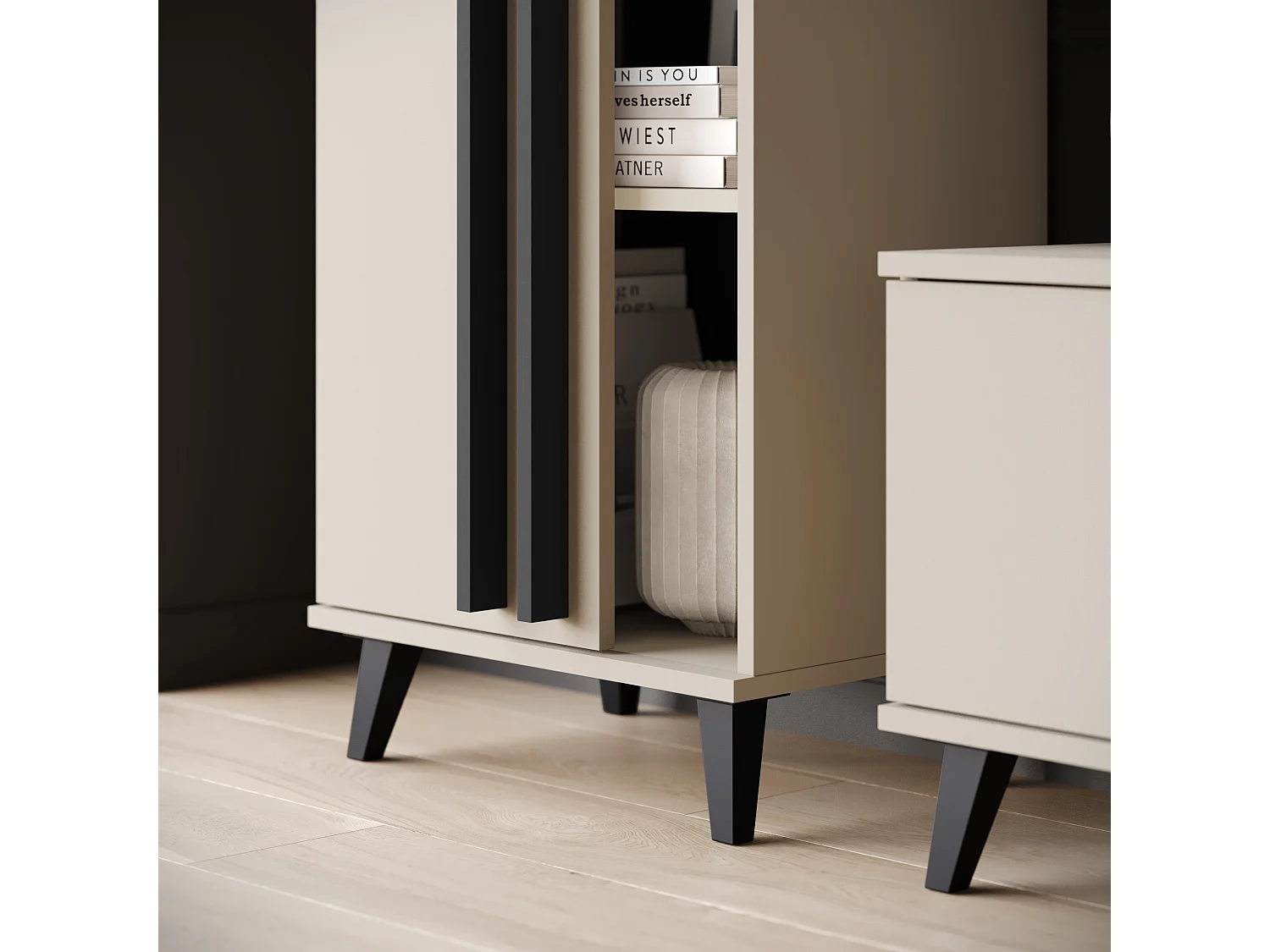 Meuble mural 180 cm pour salon sur pieds – ensemble TV moderne avec étagères et tablette, congo, poignées noir mat