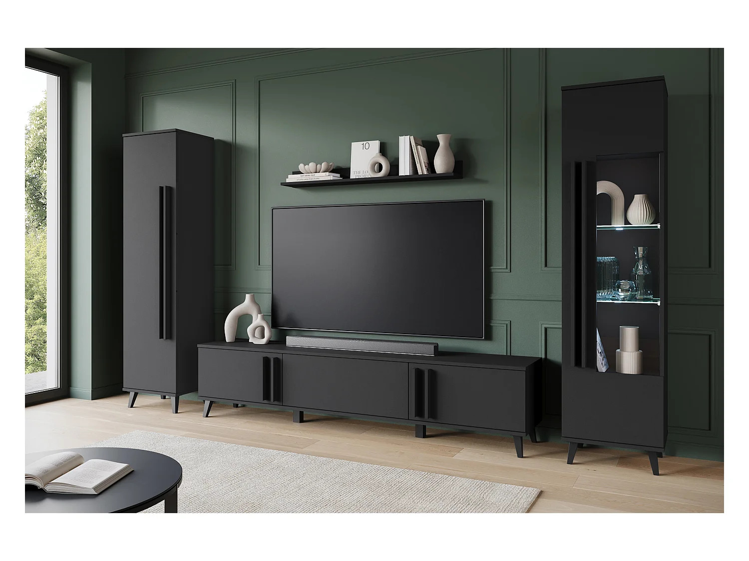 Ensemble mural de salon sur pieds – meuble TV 180 cm, vitrine, étagère et bibliothèque, noir mat