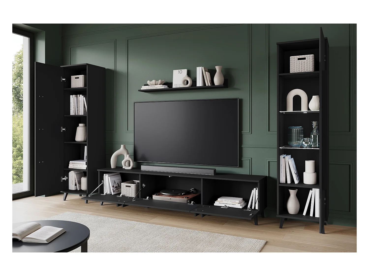 Ensemble mural de salon sur pieds – meuble TV 180 cm, vitrine, étagère et bibliothèque, noir mat