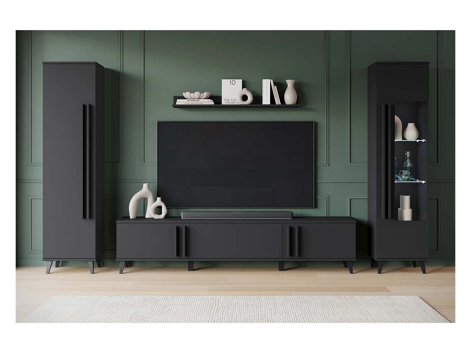 Ensemble mural de salon sur pieds – meuble TV 180 cm, vitrine, étagère et bibliothèque, noir mat