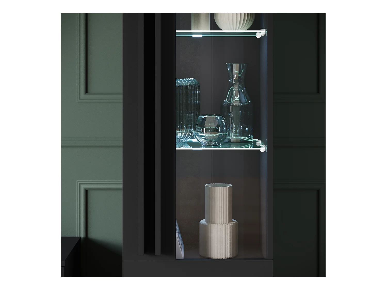 Ensemble mural de salon sur pieds – meuble TV 180 cm, vitrine, étagère et bibliothèque, noir mat