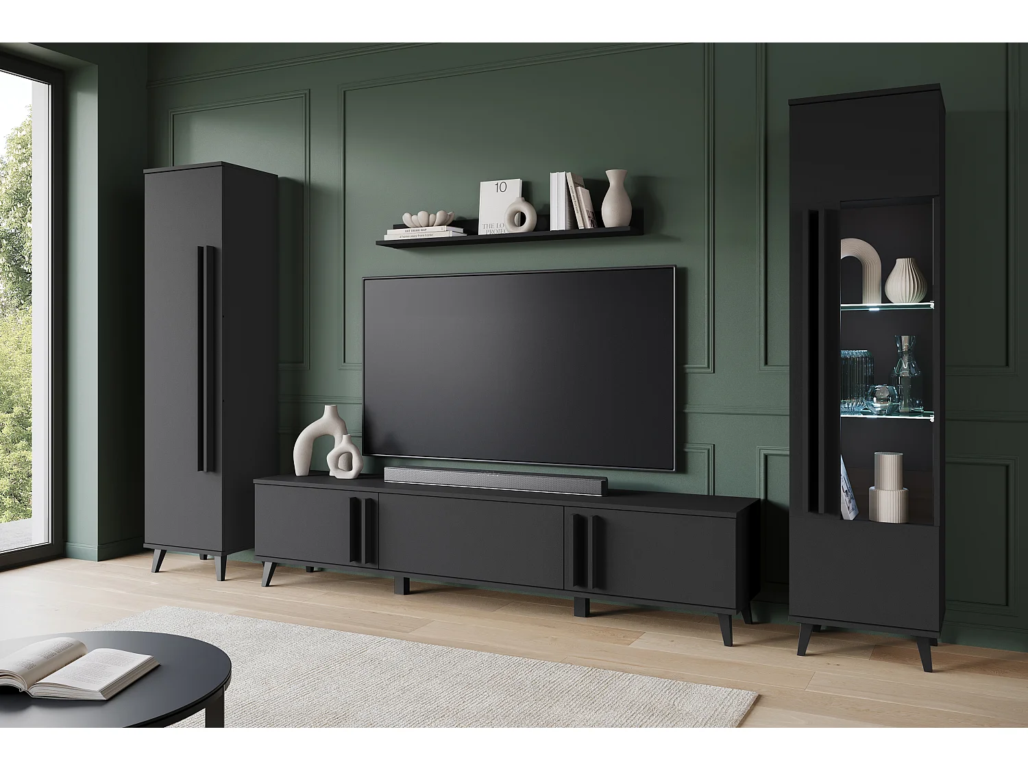 Ensemble mural de salon sur pieds – meuble TV 180 cm, vitrine, étagère et bibliothèque, noir mat