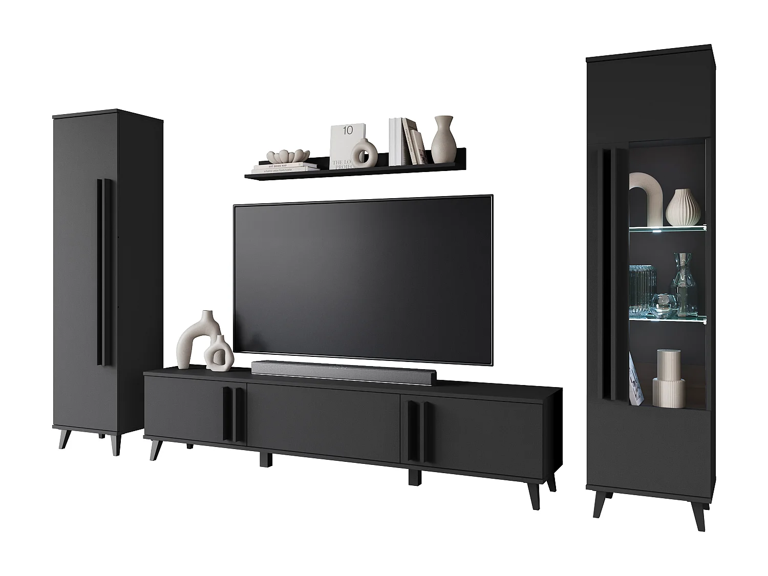 Ensemble mural de salon sur pieds – meuble TV 180 cm, vitrine, étagère et bibliothèque, noir mat