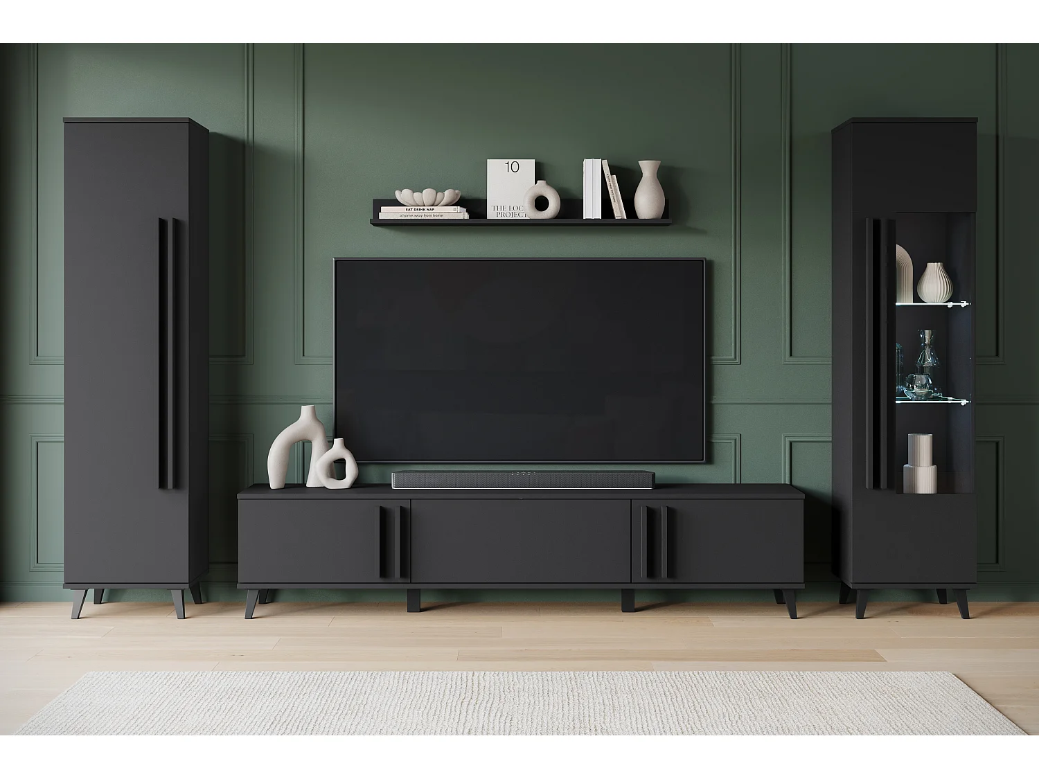 Ensemble mural de salon sur pieds – meuble TV 180 cm, vitrine, étagère et bibliothèque, noir mat