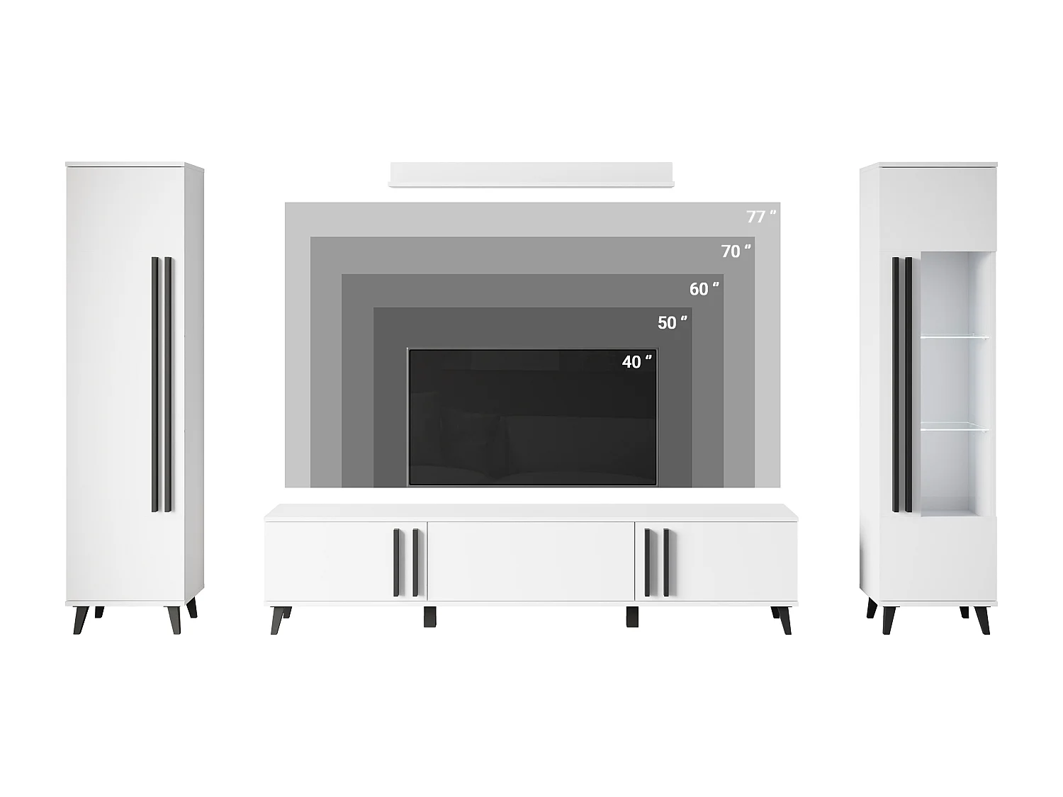 Ensemble mural de salon sur pieds – meuble TV 180 cm, vitrine, étagère et bibliothèque, noir mat