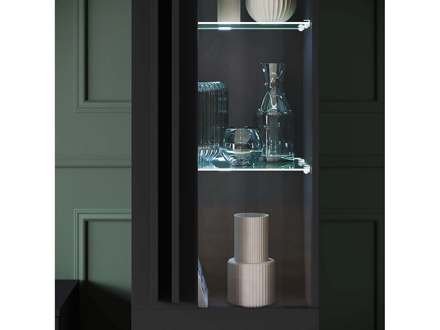 Ensemble mural de salon sur pieds – meuble TV 180 cm, vitrine, étagère et bibliothèque, noir mat