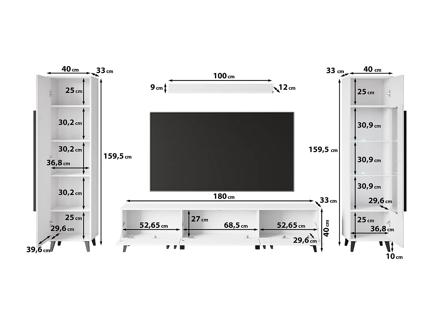 Modernes Schwarzes TV-Wandregal 180cm mit Vitrine, Bücherregal, Regal - LED-Beleuchtungsoption