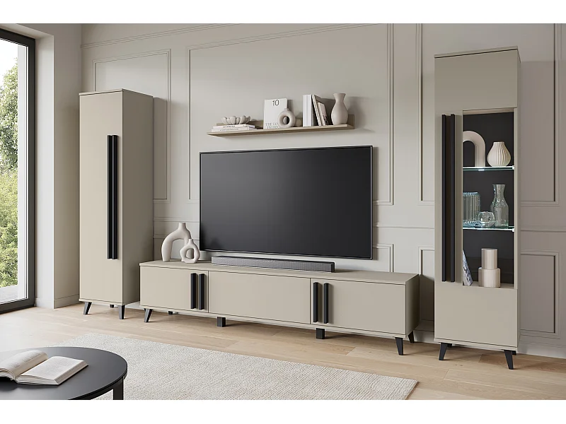 Ensemble mural de salon sur pieds – meuble TV 180 cm, vitrine, étagère et bibliothèque, congo, poignées noir mat