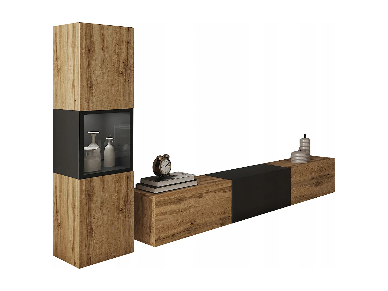 Mur TV pour salon, ensemble suspendu et posé, 2 éléments, meuble TV 180 cm et vitrine, caisson chêne Wotan mat, façades noir mat