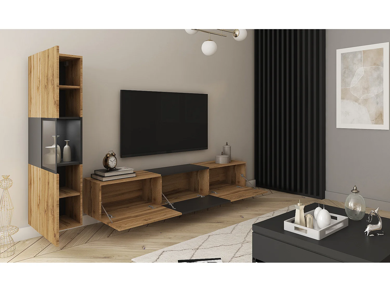 Mur TV pour salon, ensemble suspendu et posé, 2 éléments, meuble TV 180 cm et vitrine, caisson chêne Wotan mat, façades noir mat