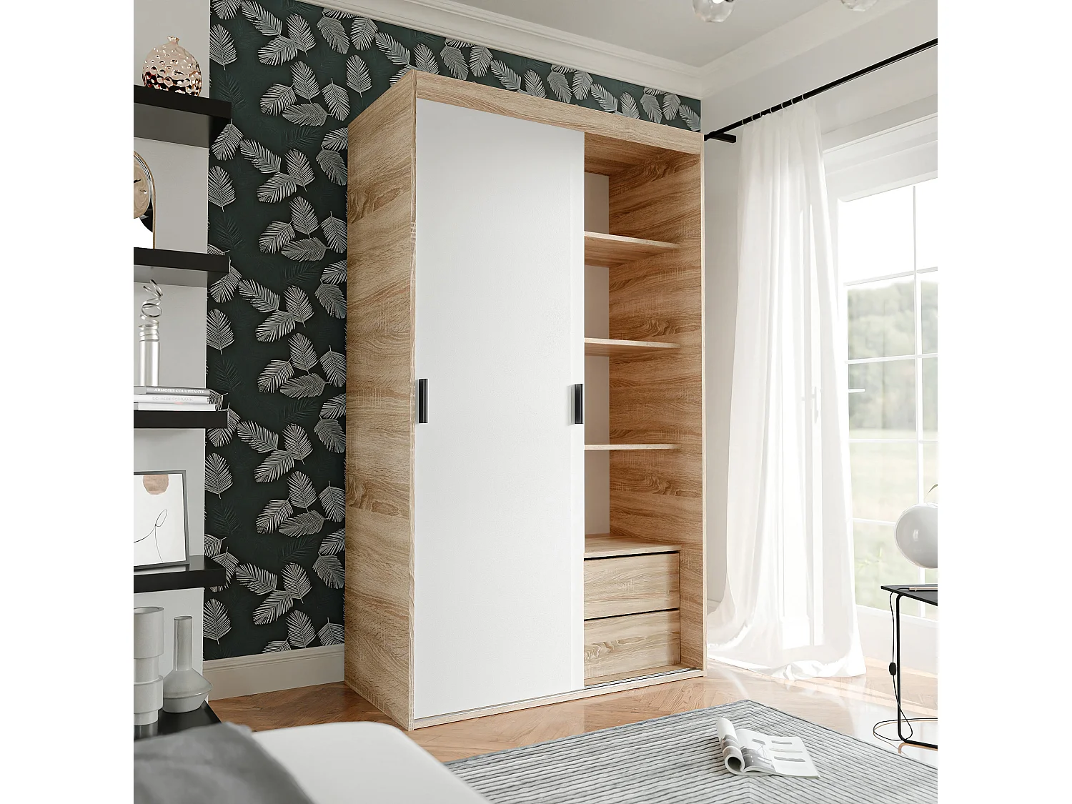 Armoire coulissante à deux portes PEDRI 120 cm – blanc/chêne sonoma