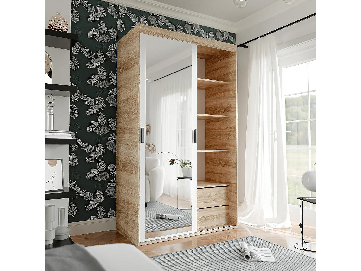 Armoire coulissante à deux portes PEDRI 120 cm – blanc/chêne sonoma