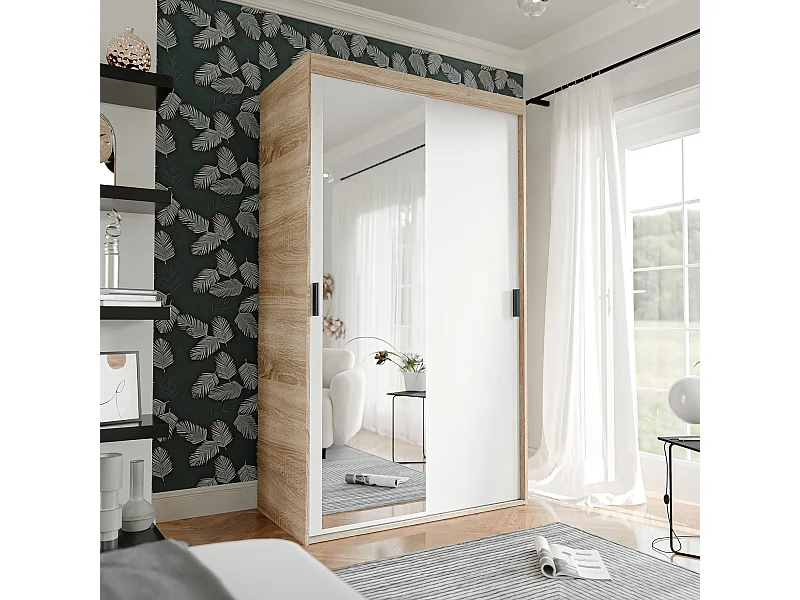 Armoire coulissante à deux portes PEDRI 120 cm – blanc/chêne sonoma