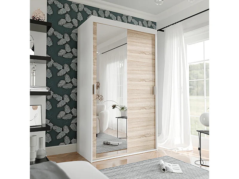 Armoire coulissante à deux portes PEDRI 120 cm – blanc/chêne sonoma