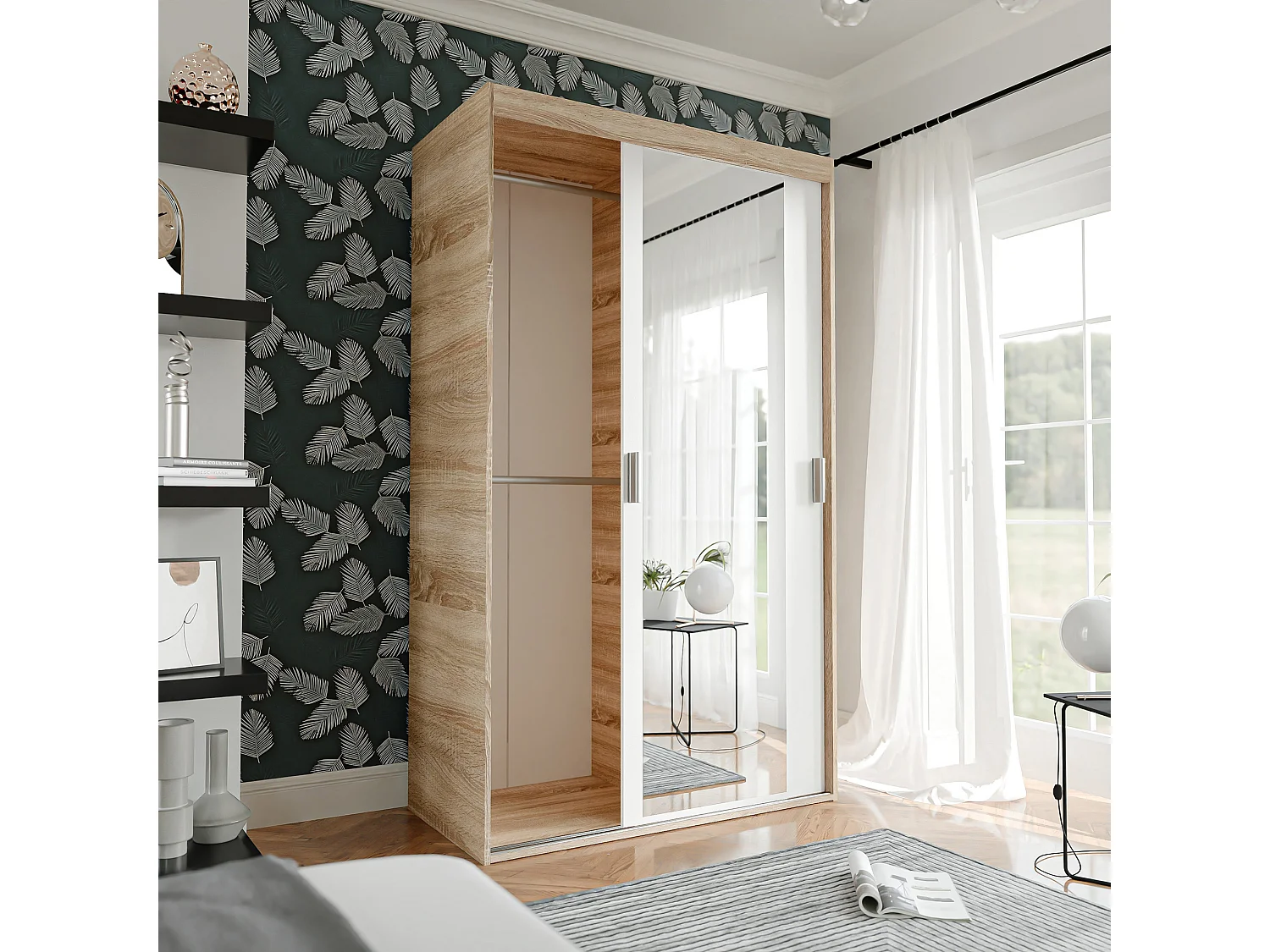 Armoire coulissante à deux portes PEDRI 120 cm – blanc/chêne sonoma