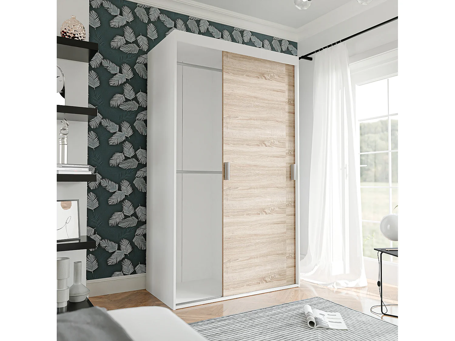 Armoire coulissante à deux portes PEDRI 120 cm – blanc/chêne sonoma