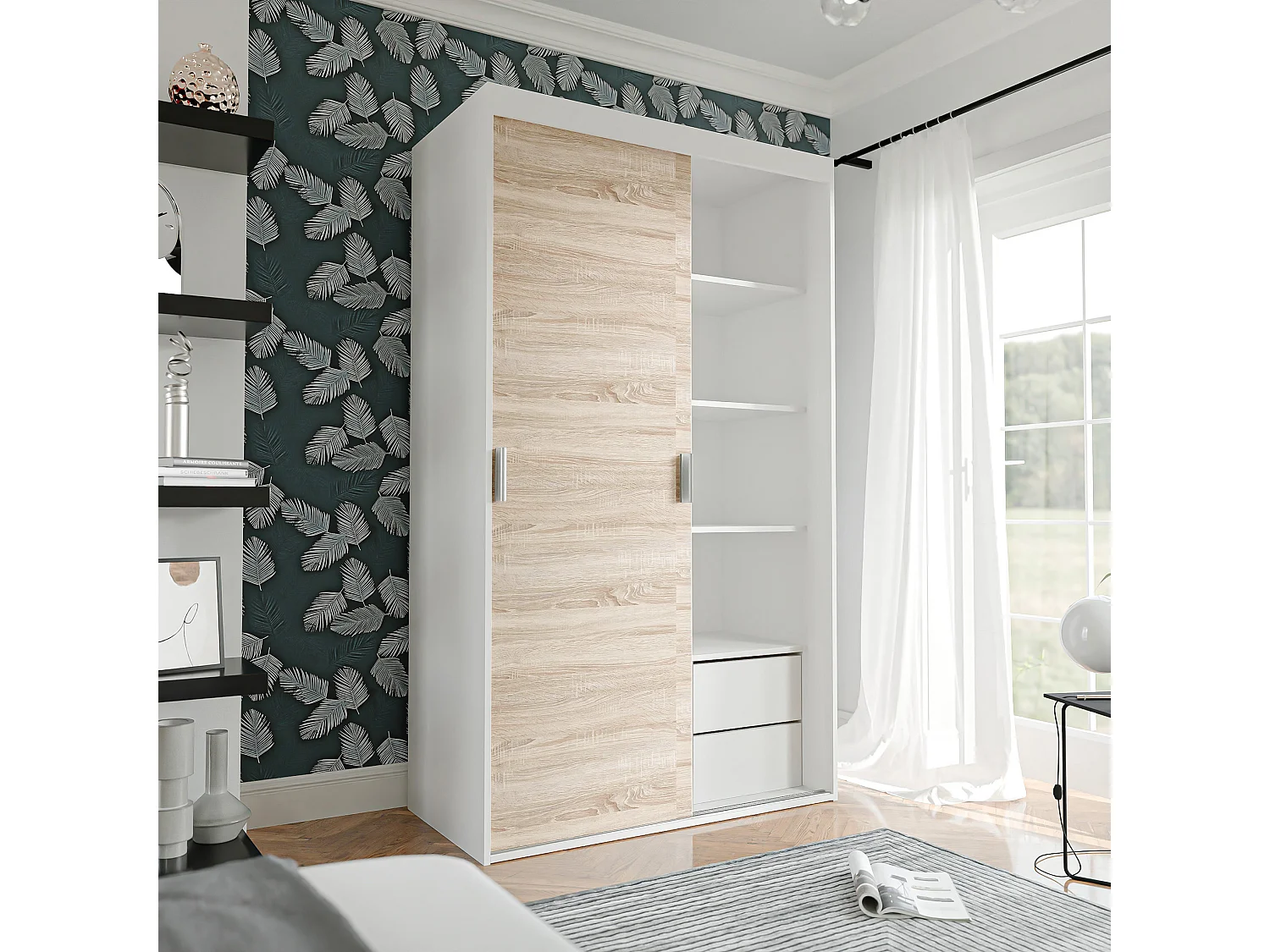 Armoire coulissante à deux portes PEDRI 120 cm – blanc/chêne sonoma