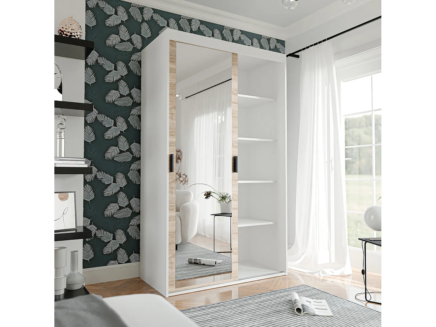 Armoire coulissante à deux portes PEDRI 120 cm – blanc/chêne sonoma