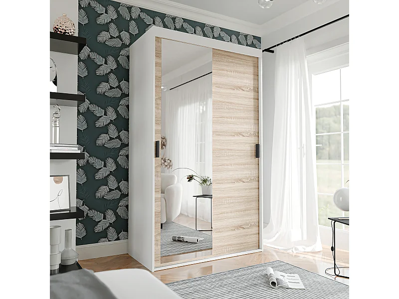 Armoire coulissante à deux portes PEDRI 120 cm – blanc/chêne sonoma