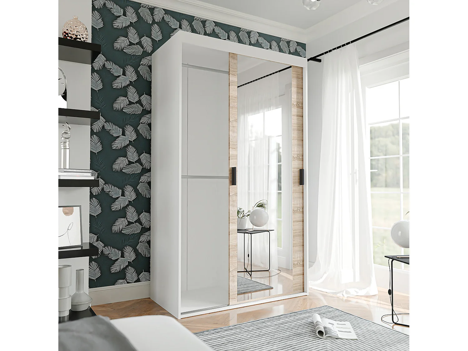 Armoire coulissante à deux portes PEDRI 120 cm – blanc/chêne sonoma