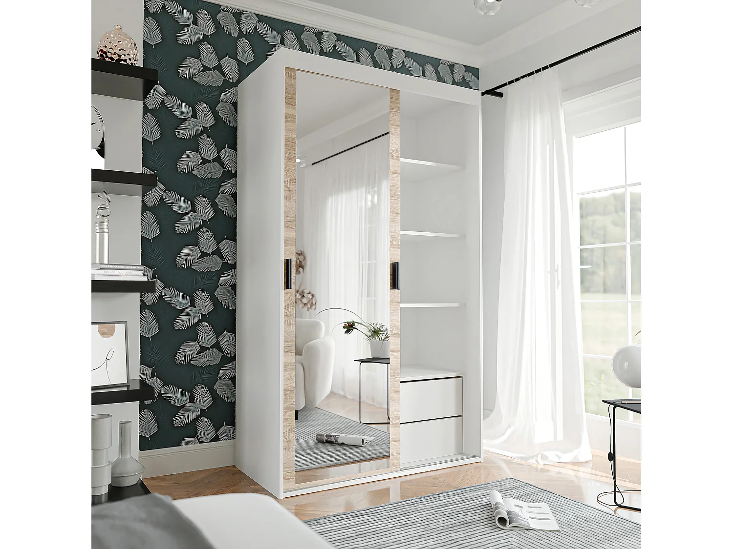 Armoire coulissante à deux portes PEDRI 120 cm – blanc/chêne sonoma