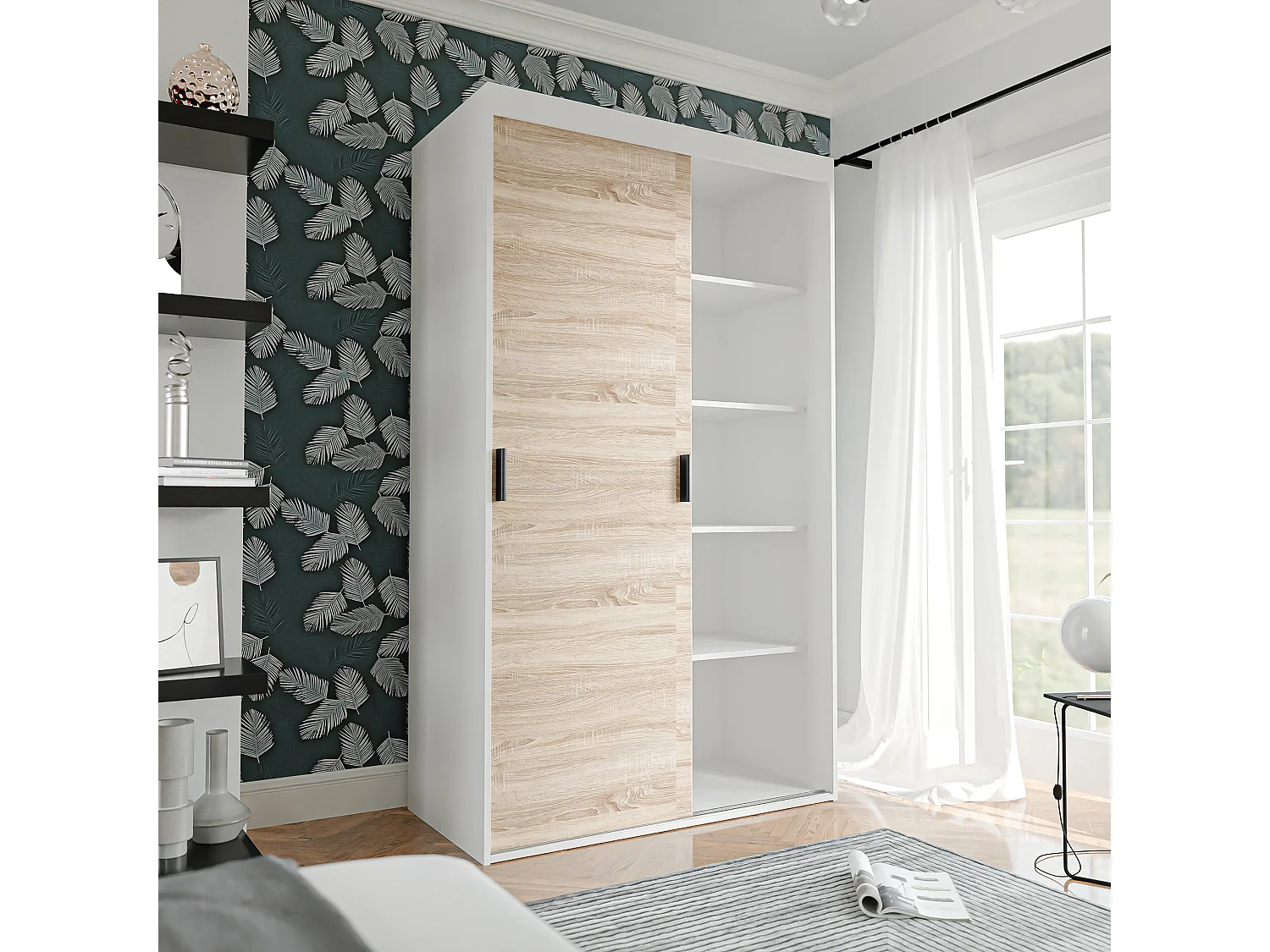 Armoire coulissante à deux portes PEDRI 120 cm – blanc/chêne sonoma