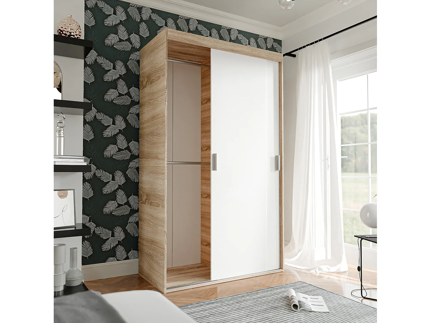 Armoire coulissante à deux portes PEDRI 120 cm – blanc/chêne sonoma