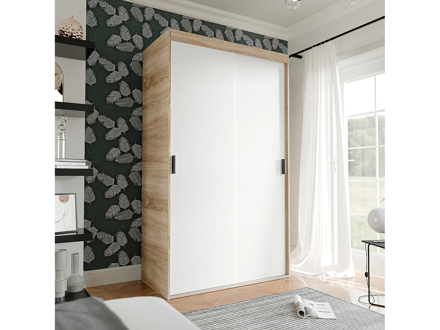 Armoire coulissante à deux portes PEDRI 120 cm – blanc/chêne sonoma