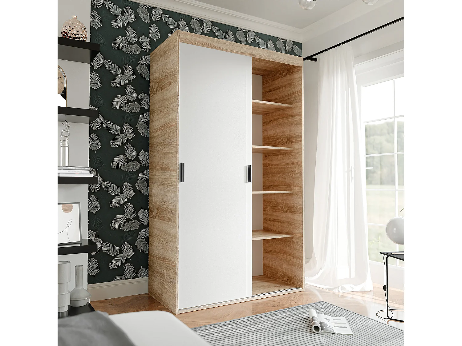 Armoire coulissante à deux portes PEDRI 120 cm – blanc/chêne sonoma