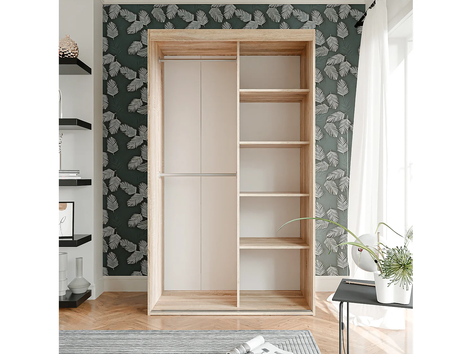 Armoire coulissante à deux portes PEDRI 120 cm – blanc/chêne sonoma