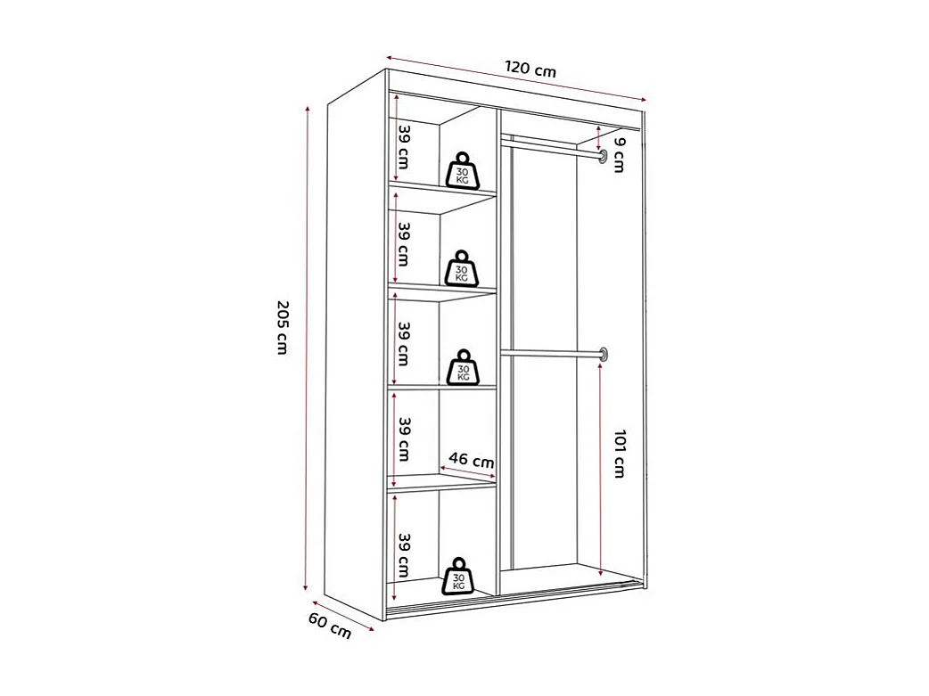 Armoire coulissante à deux portes PEDRI 120 cm couleur chêne sonoma