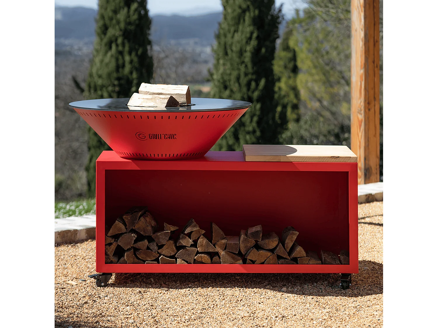 TRADITIONNEL Brasero Double Cuve Acier 83x90cm - Rouge - Petit Modèle le dynamique et fonctionnel, idéal pour des moments conviviaux