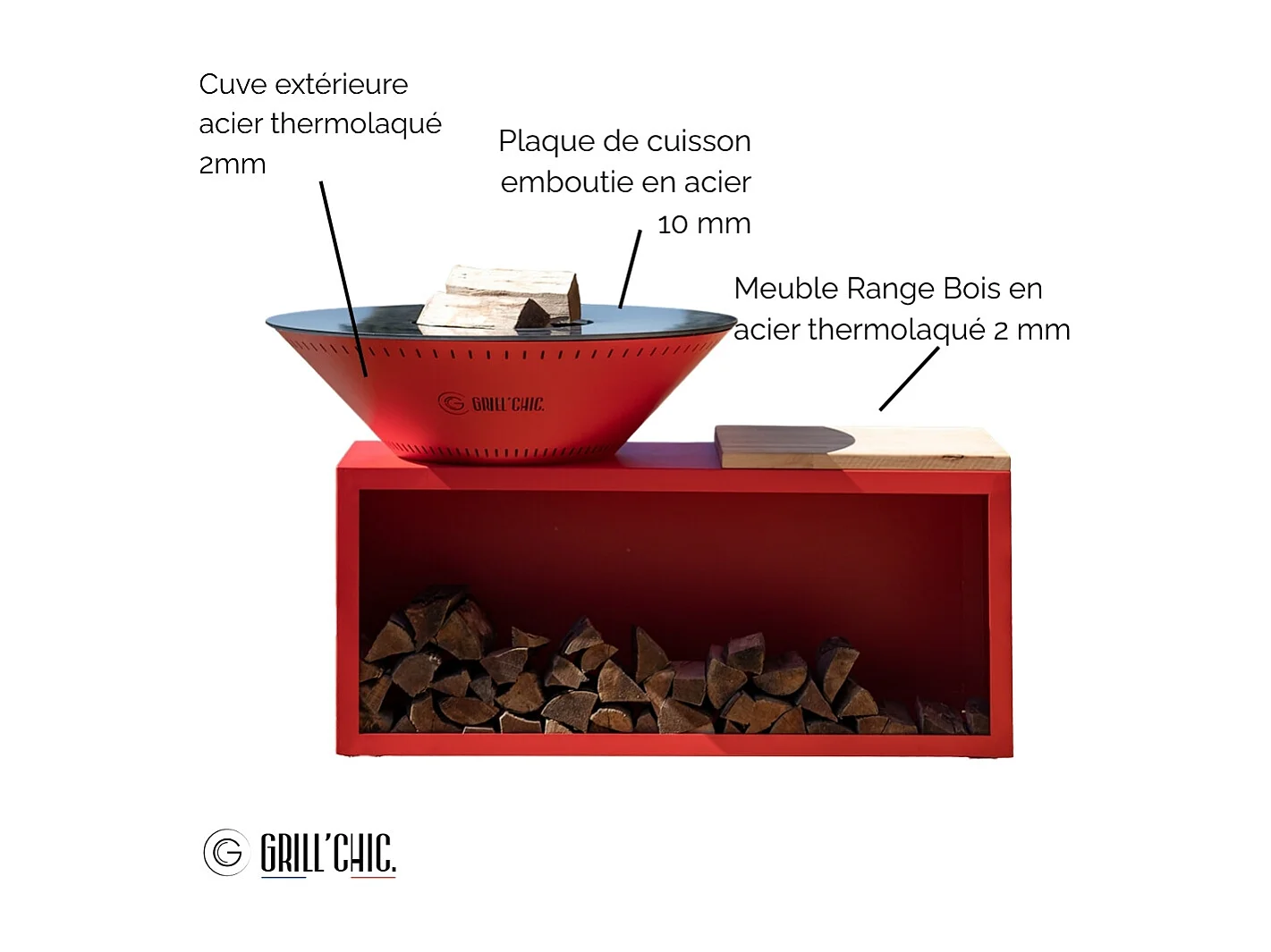 TRADITIONNEL Brasero Double Cuve Acier 83x90cm - Rouge - Petit Modèle le dynamique et fonctionnel, idéal pour des moments conviviaux