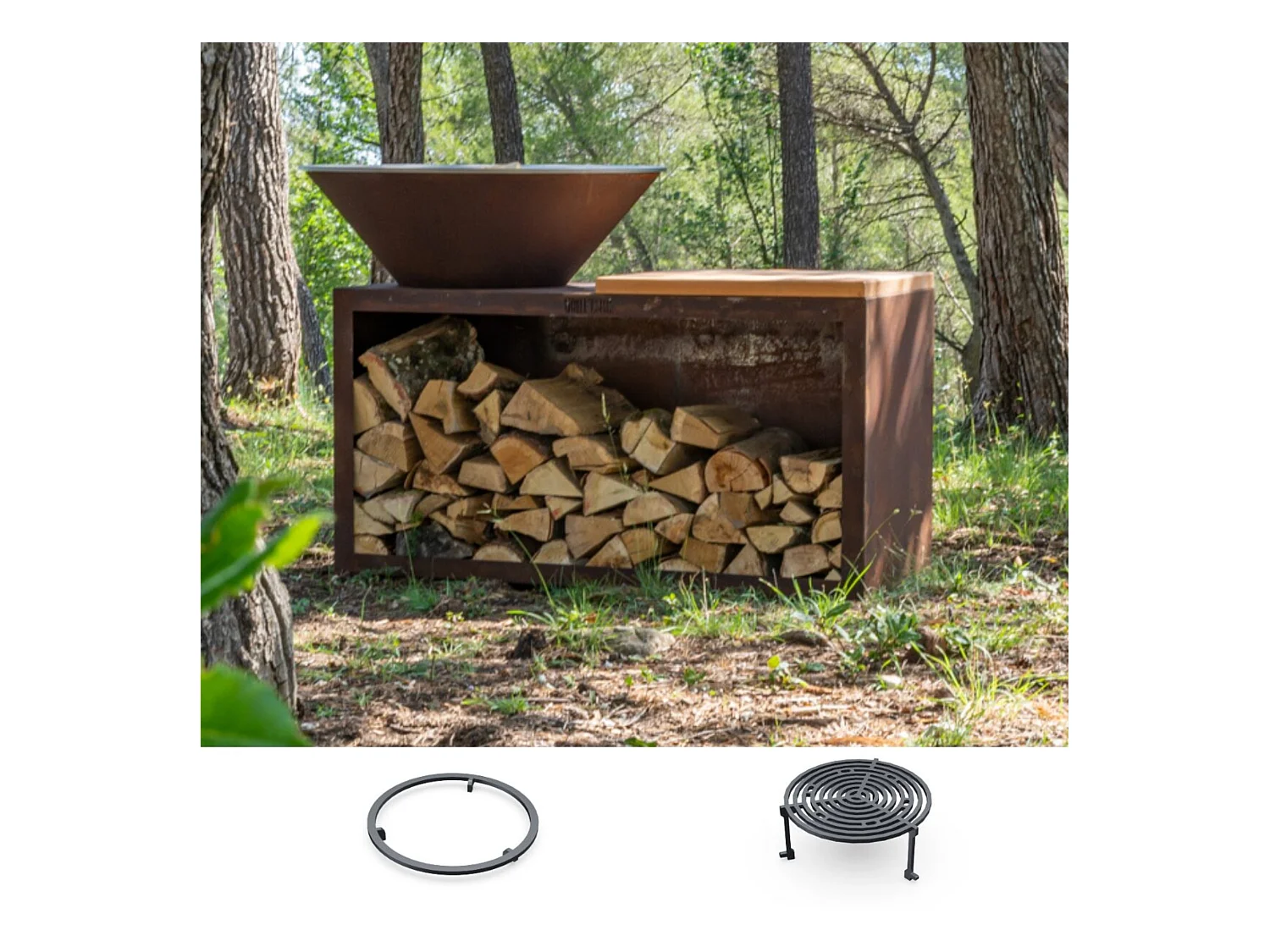 Pack Printemps Brasero Plancha Barbecue Traditionnel Corten Simple Cuve 103x90cm - Un brasero traditionnel en acier Corten pour des soirées conviviales et
