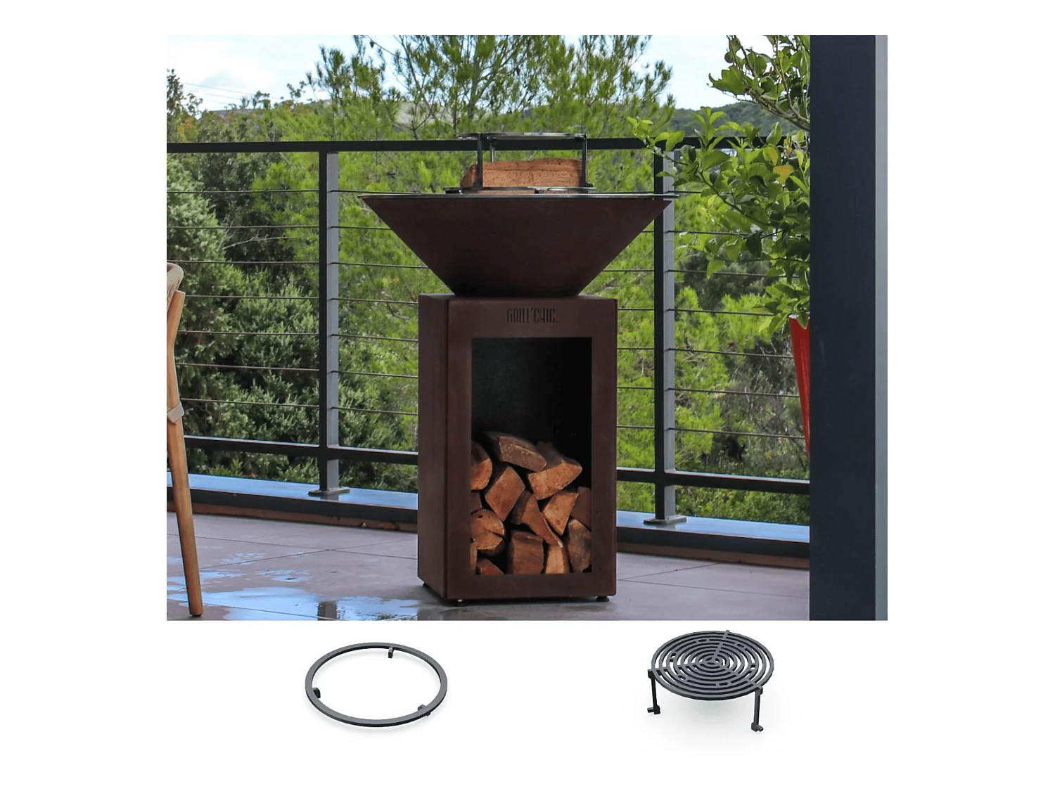 Pack Découverte Brasero AUVERGNAT Corten Simple Cuve Rond 62x76 cm - Avec rangement bois - Un brasero rond et rustique pour des soirées chaleureuses au feu de bois