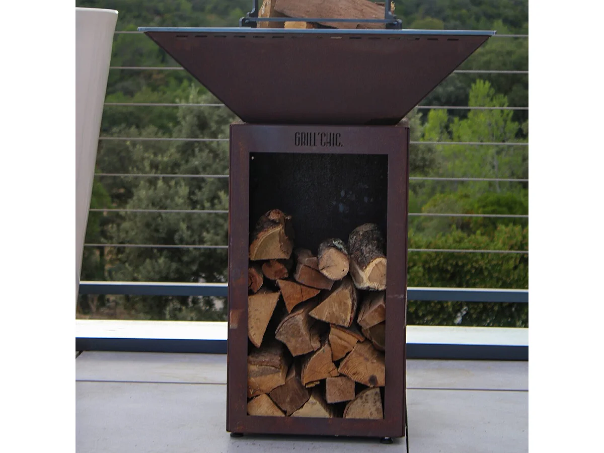 Pack Découverte Brasero AUVERGNAT Corten Simple Cuve Rond 62x76 cm - Avec rangement bois - Un brasero rond et rustique pour des soirées chaleureuses au feu de bois