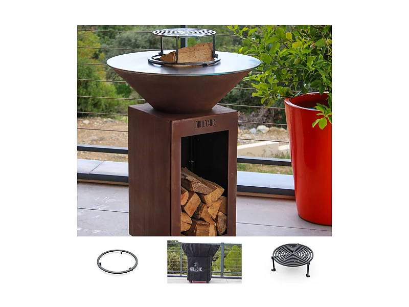 Pack Printemps Brasero Plancha Barbecue Cévenol Corten Simple Cuve Bois Rond 74x90 cm - Avec rangement bois - Un brasero rond au style authentique et chaleureux