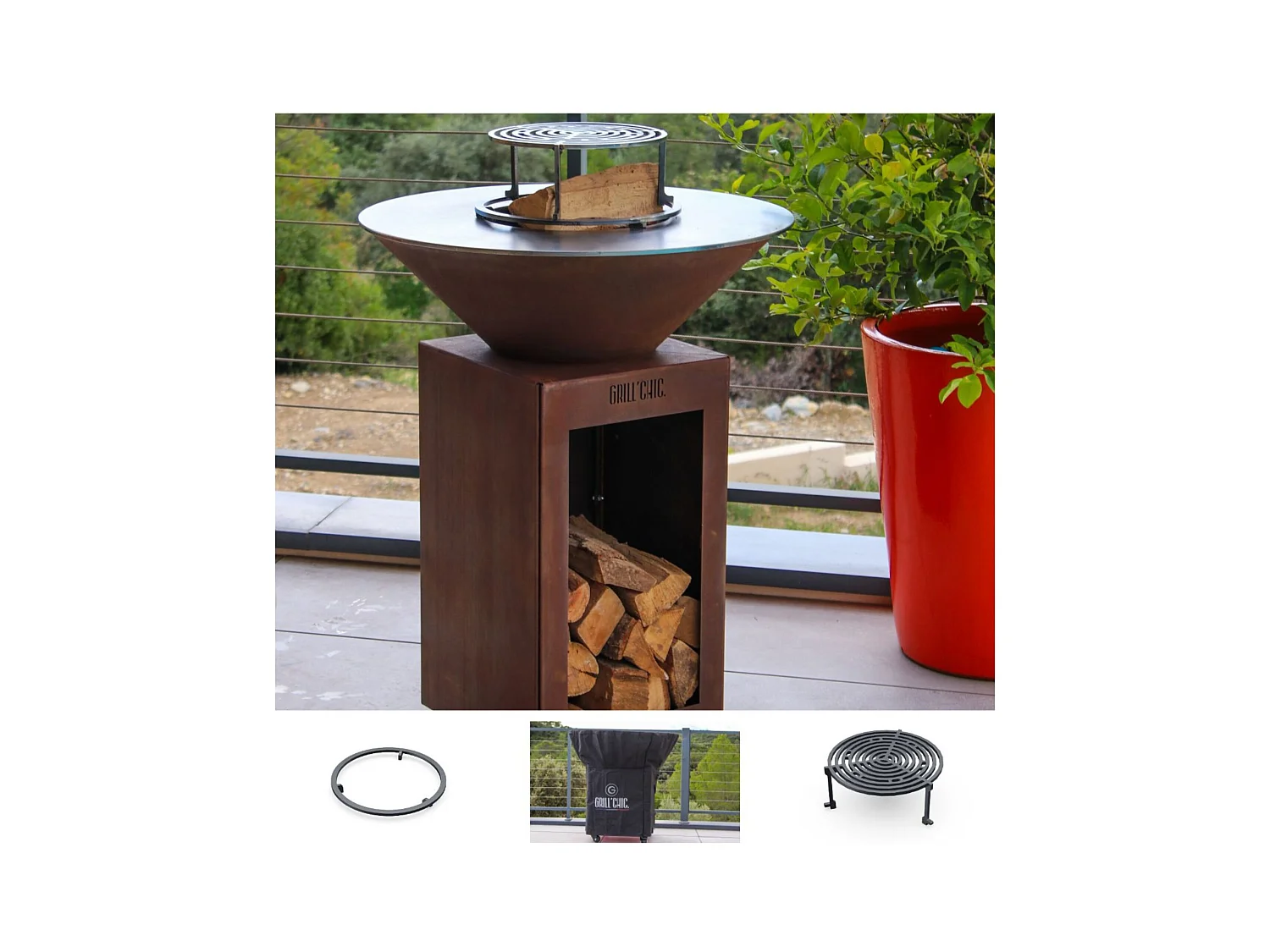 Pack Printemps Brasero Plancha Barbecue Cévenol Corten Simple Cuve Bois Rond 74x90 cm - Avec rangement bois - Un brasero rond au style authentique et chaleureux