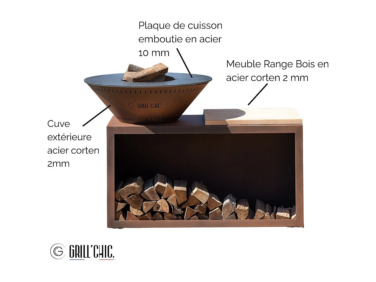 TRADITIONNEL Brasero Double Cuve Acier 103x90cm - Effet Corten - Grand Modèle avec finition rustique pour des moments chaleureux