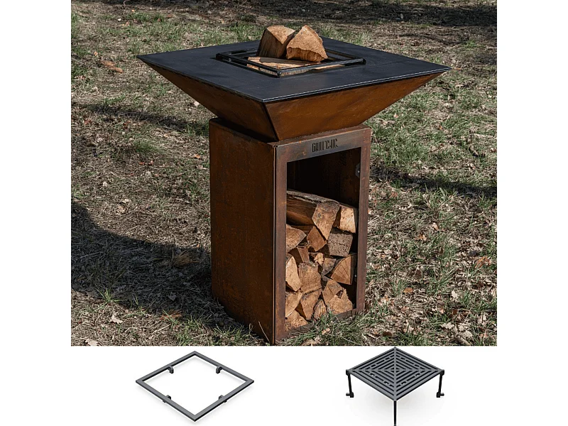 Pack Découverte Brasero CEVENOL Simple Cuve Corten Carré 74x90 cm - Avec rangement bois - Un brasero carré au style naturel pour une cuisine extérieure conviviale