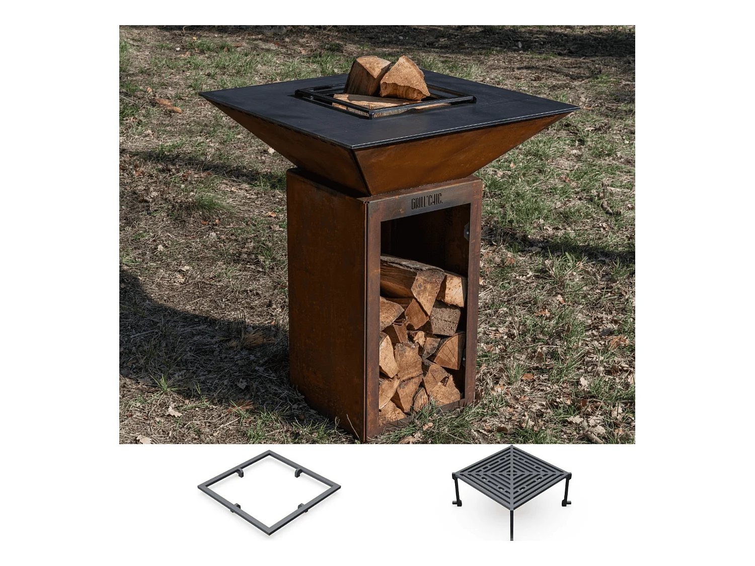 Pack Découverte Brasero CEVENOL Simple Cuve Corten Carré 74x90 cm - Avec rangement bois - Un brasero carré au style naturel pour une cuisine extérieure conviviale