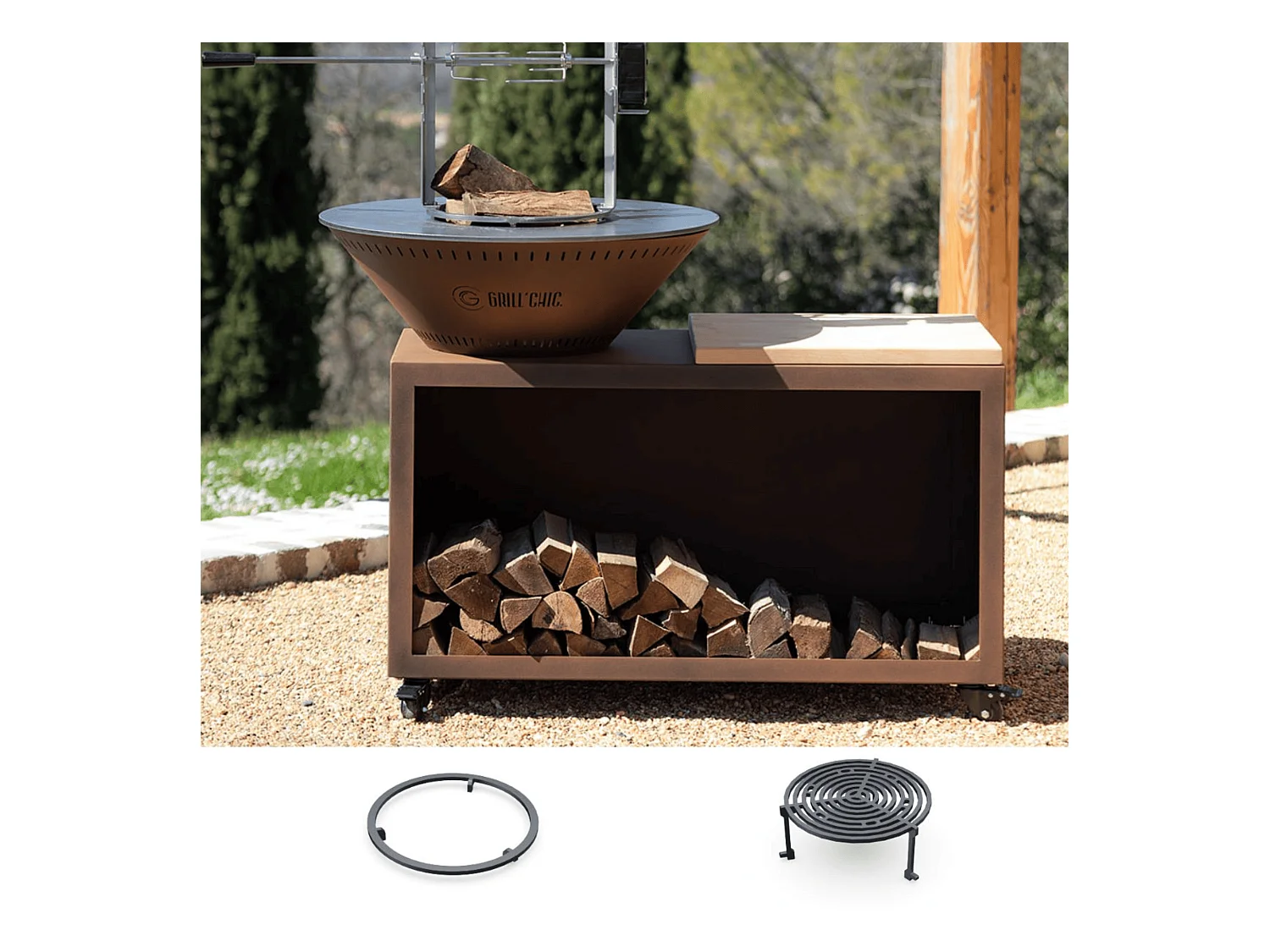 Pack Découverte Brasero TRADITIONNEL Double Cuve Acier Thermolaqué 103x90 cm - Imitation Corten - Un brasero robuste et authentique pour vos soirées en plein air