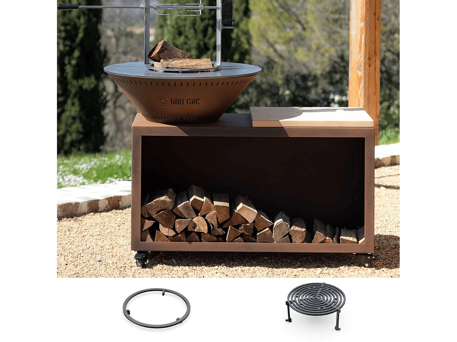 Pack Découverte Brasero TRADITIONNEL Double Cuve Acier Thermolaqué 103x90 cm - Imitation Corten - Un brasero robuste et authentique pour vos soirées en plein air