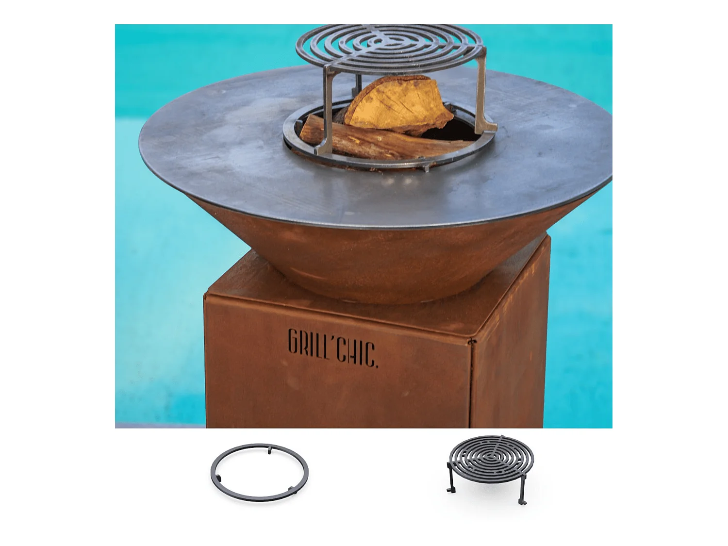 Pack Découverte Brasero AUVERGNAT Simple Cuve Corten Rond 62x76 cm - Sans rangement bois - Un brasero pour cuisiner au feu de bois avec authenticité