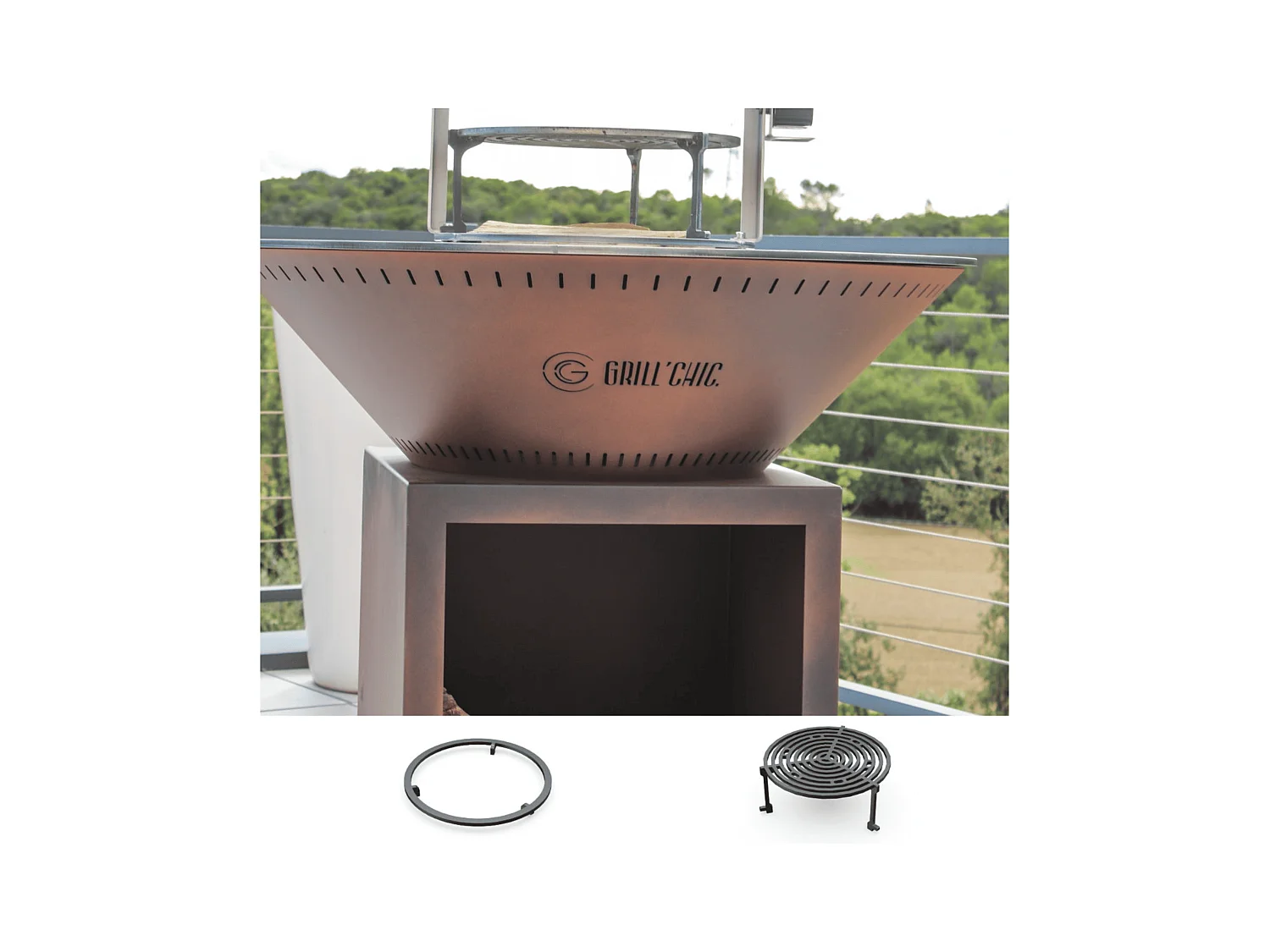 Pack Découverte Brasero CLASSIQUE Double Cuve Acier Thermolaqué 103x90 cm - Effet Corten - Un ensemble complet pour cuisiner au feu de bois en plein air