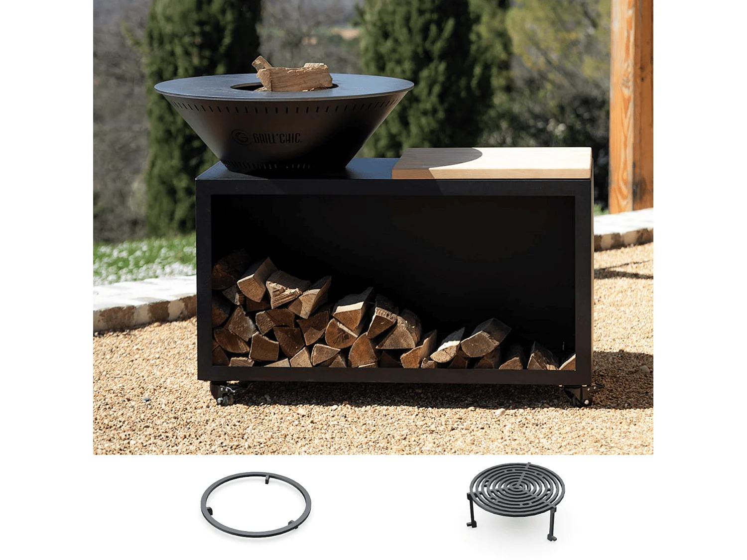 Pack Découverte Brasero TRADITIONNEL Double Cuve Acier Thermolaqué 103x90 cm - Noir - Un brasero discret et élégant pour une cuisine extérieure toute l’année